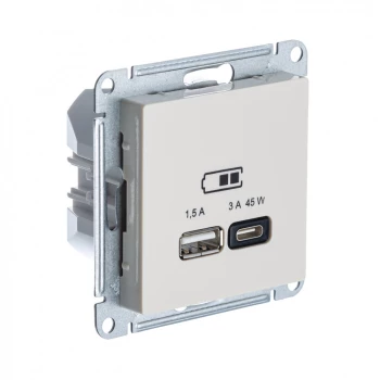 Розетка USB 2-ая Тип А+С 45 Вт (для подзарядки), Бежевый, серия Atlas Design, Schneider Electric