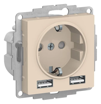 Розетка 1-ая электрическая, с заземлением, c USB, Бежевый, серия Atlas Design, Schneider Electric