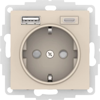 Розетка 1-ая электрическая, с заземлением, c USB тип A+C, Бежевый, серия Atlas Design, Schneider Electric