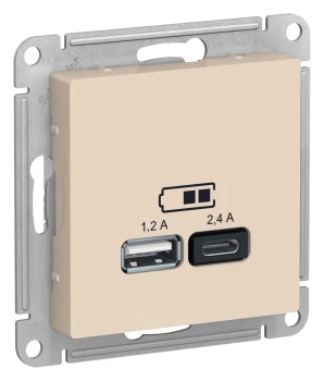 Розетка USB 2-ая Тип А+С, 2400 мА (для подзарядки), Бежевый, серия Atlas Design, Schneider Electric