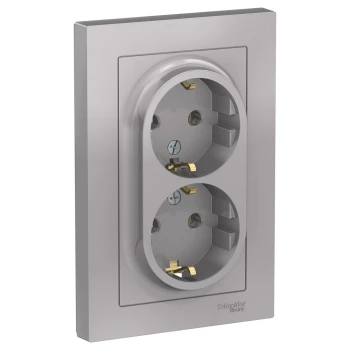 Розетка 2-ая электрическая с заземлением (в сборе), Алюминий, серия Atlas Design, Schneider Electric