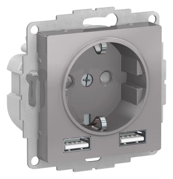 Розетка 1-ая электрическая, с заземлением, c USB, Алюминий, серия Atlas Design, Schneider Electric