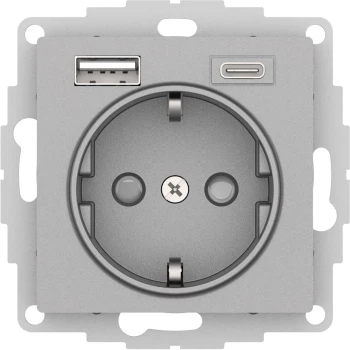 Розетка 1-ая электрическая, с заземлением, c USB тип A+C, Алюминий, серия Atlas Design, Schneider Electric