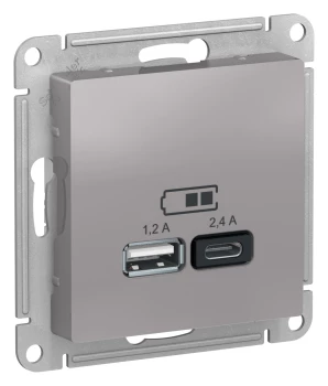 Розетка USB 2-ая Тип А+С, 2400 мА (для подзарядки), Алюминий, серия Atlas Design, Schneider Electric