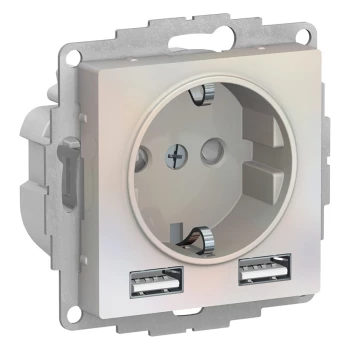 Розетка 1-ая электрическая, с заземлением, c USB, Жемчуг, серия Atlas Design, Schneider Electric