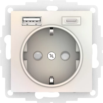 Розетка 1-ая электрическая, с заземлением, c USB тип A+C, Жемчуг, серия Atlas Design, Schneider Electric