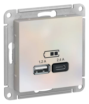 Розетка USB 2-ая Тип А+С, 2400 мА (для подзарядки), Жемчуг, серия Atlas Design, Schneider Electric