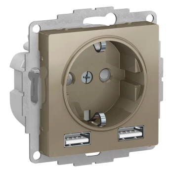 Розетка 1-ая электрическая, с заземлением, c USB, Шампань, серия Atlas Design, Schneider Electric