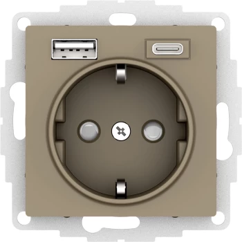 Розетка 1-ая электрическая, с заземлением, c USB тип A+C, Шампань, серия Atlas Design, Schneider Electric