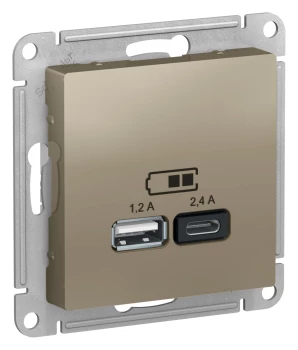 Розетка USB 2-ая Тип А+С, 2400 мА (для подзарядки), Шампань, серия Atlas Design, Schneider Electric