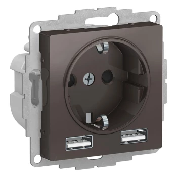Розетка 1-ая электрическая, с заземлением, c USB, Мокко, серия Atlas Design, Schneider Electric