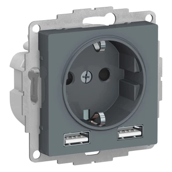 Розетка 1-ая электрическая, с заземлением, c USB, Грифель, серия Atlas Design, Schneider Electric