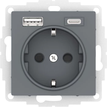 Розетка 1-ая электрическая, с заземлением, c USB тип A+C, Грифель, серия Atlas Design, Schneider Electric