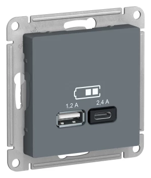 Розетка USB 2-ая Тип А+С, 2400 мА (для подзарядки), Грифель, серия Atlas Design, Schneider Electric