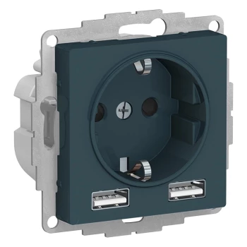 Розетка 1-ая электрическая, с заземлением, c USB, Изумруд, серия Atlas Design, Schneider Electric