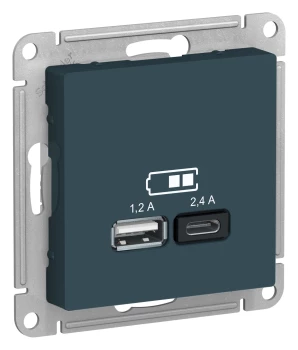 Розетка USB 2-ая Тип А+С, 2400 мА (для подзарядки), Изумруд, серия Atlas Design, Schneider Electric