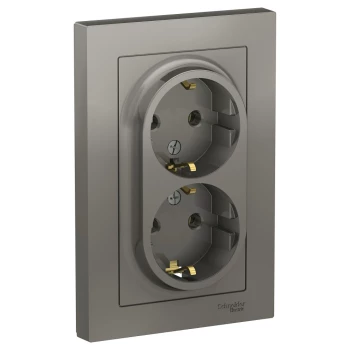 Розетка 2-ая электрическая с заземлением (в сборе), Сталь, серия Atlas Design, Schneider Electric