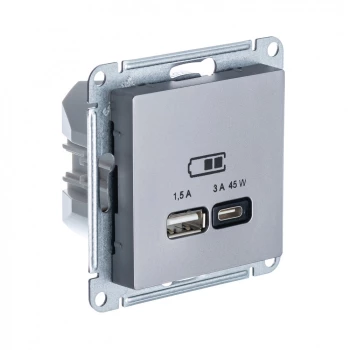 Розетка USB 2-ая Тип А+С 45 Вт (для подзарядки), Сталь, серия Atlas Design, Schneider Electric