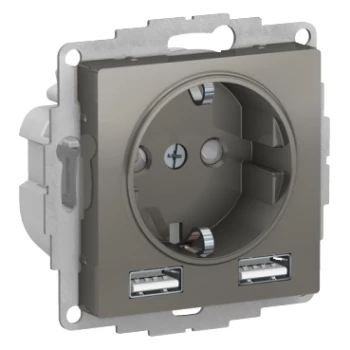 Розетка 1-ая электрическая, с заземлением, c USB, Сталь, серия Atlas Design, Schneider Electric