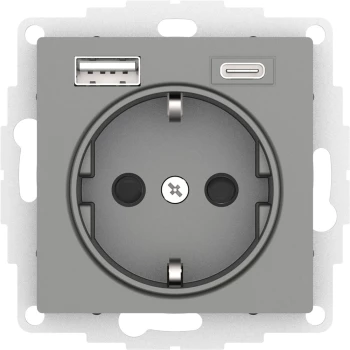Розетка 1-ая электрическая, с заземлением, c USB тип A+C, Сталь, серия Atlas Design, Schneider Electric