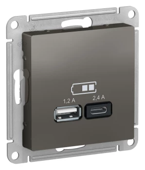 Розетка USB 2-ая Тип А+С, 2400 мА (для подзарядки), Сталь, серия Atlas Design, Schneider Electric