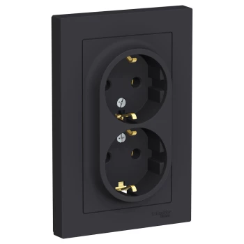 Розетка 2-ая электрическая с заземлением (в сборе), Карбон, серия Atlas Design, Schneider Electric
