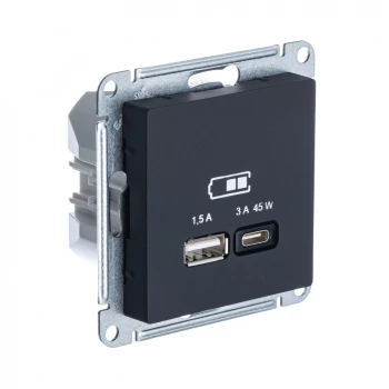 Розетка USB 2-ая Тип А+С 45 Вт (для подзарядки), Карбон, серия Atlas Design, Schneider Electric