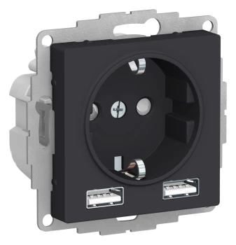 Розетка 1-ая электрическая, с заземлением, c USB, Карбон, серия Atlas Design, Schneider Electric