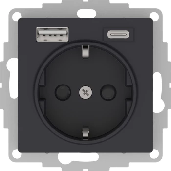 Розетка 1-ая электрическая, с заземлением, c USB тип A+C, Карбон, серия Atlas Design, Schneider Electric