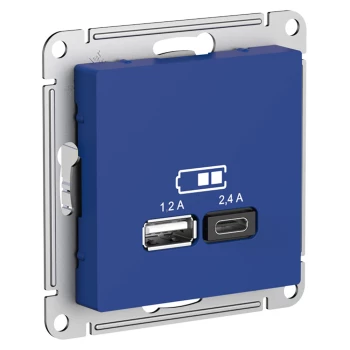 Розетка USB 2-ая Тип А+С, 2400 мА (для подзарядки), Аквамарин, серия Atlas Design, Schneider Electric
