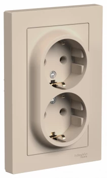 Розетка 2-ая электрическая с заземлением (в сборе), Песочный, серия Atlas Design, Schneider Electric