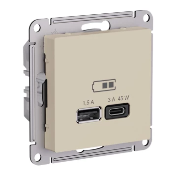 Розетка USB 2-ая Тип А+С 45 Вт (для подзарядки), Песочный, серия Atlas Design, Schneider Electric