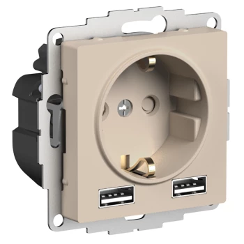 Розетка 1-ая электрическая, с заземлением, c USB, Песочный, серия Atlas Design, Schneider Electric
