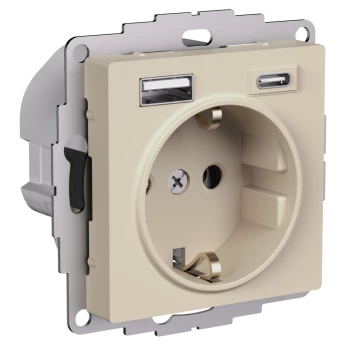 Розетка 1-ая электрическая, с заземлением, c USB тип A+C, Песочный, серия Atlas Design, Schneider Electric