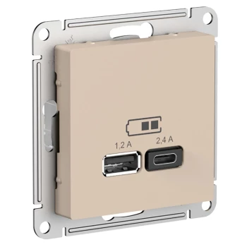 Розетка USB 2-ая Тип А+С, 2400 мА (для подзарядки), Песочный, серия Atlas Design, Schneider Electric