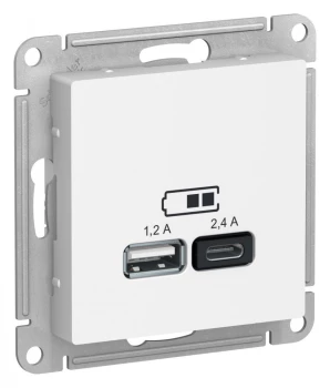 Розетка USB 2-ая Тип А+С, 2400 мА (для подзарядки), Белый лотос, серия Atlas Design, Schneider Electric
