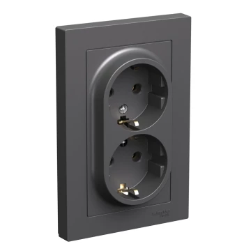 Розетка 2-ая электрическая с заземлением (в сборе), Базальт, серия Atlas Design, Schneider Electric