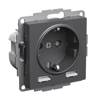 Розетка 1-ая электрическая, с заземлением, c USB, Базальт, серия Atlas Design, Schneider Electric
