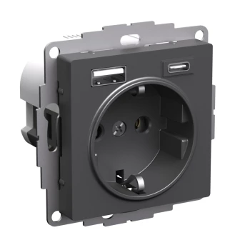 Розетка 1-ая электрическая, с заземлением, c USB тип A+C, Базальт, серия Atlas Design, Schneider Electric