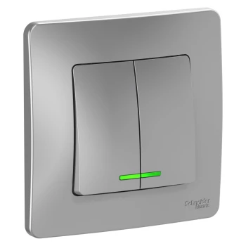 Выключатель 2-клавишный, с подсветкой (в сборе), Алюминий, серия Blanca, Schneider Electric