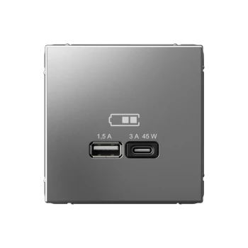 Розетка USB 2-ая Тип А+С 45 Вт (для подзарядки), Сталь, серия Art Gallery, Systeme Electric