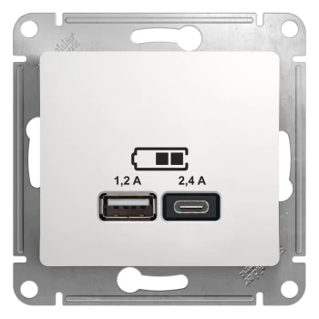 Розетка USB 2-ая Тип А+С, 2400 мА (для подзарядки), Белый, серия Glossa, Schneider Electric