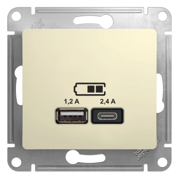 Розетка USB 2-ая Тип А+С, 2400 мА (для подзарядки), Бежевый, серия Glossa, Schneider Electric