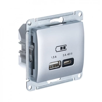 Розетка USB 2-ая Тип А+С 45 Вт (для подзарядки), Алюминий, серия Glossa, Schneider Electric
