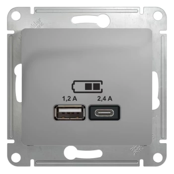 Розетка USB 2-ая Тип А+С, 2400 мА (для подзарядки), Алюминий, серия Glossa, Schneider Electric