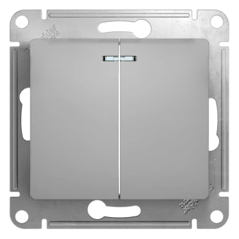 Выключатель 2-клавишный, с подсветкой, Алюминий, серия Glossa, Schneider Electric