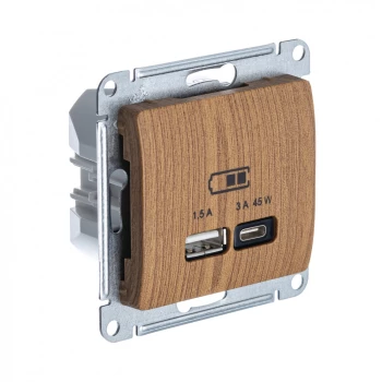 Розетка USB 2-ая Тип А+С 45 Вт (для подзарядки), Дерево Дуб, серия Glossa, Schneider Electric