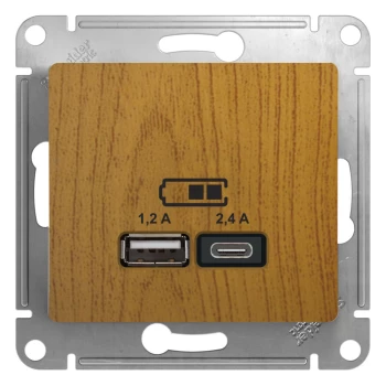 Розетка USB 2-ая Тип А+С, 2400 мА (для подзарядки), Дерево Дуб, серия Glossa, Schneider Electric