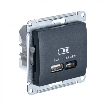 Розетка USB 2-ая Тип А+С 45 Вт (для подзарядки), Антрацит, серия Glossa, Schneider Electric