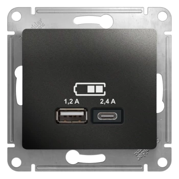 Розетка USB 2-ая Тип А+С, 2400 мА (для подзарядки), Антрацит, серия Glossa, Schneider Electric
